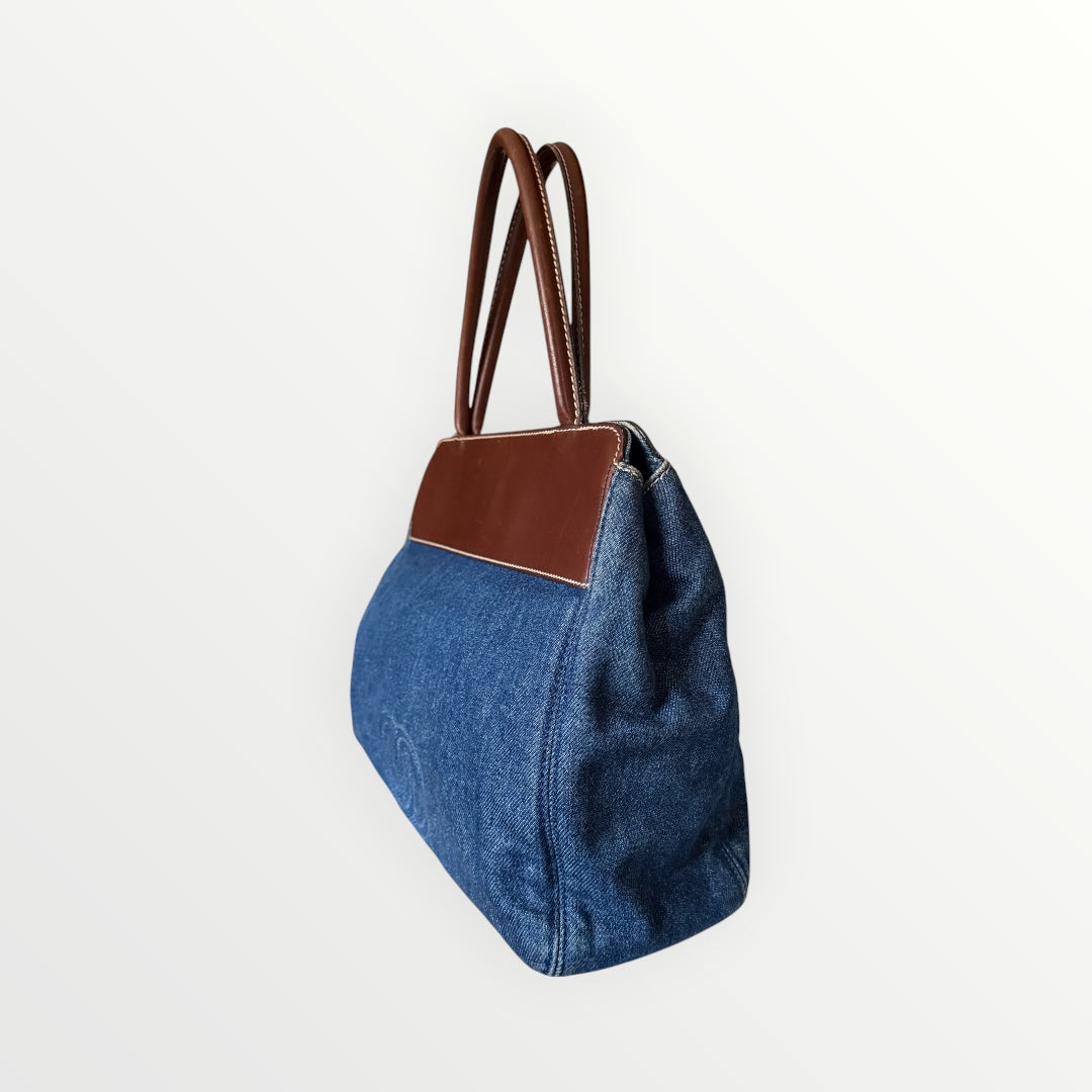 CHANEL CC LOGO DENIM & LEATHER TOTE BAG