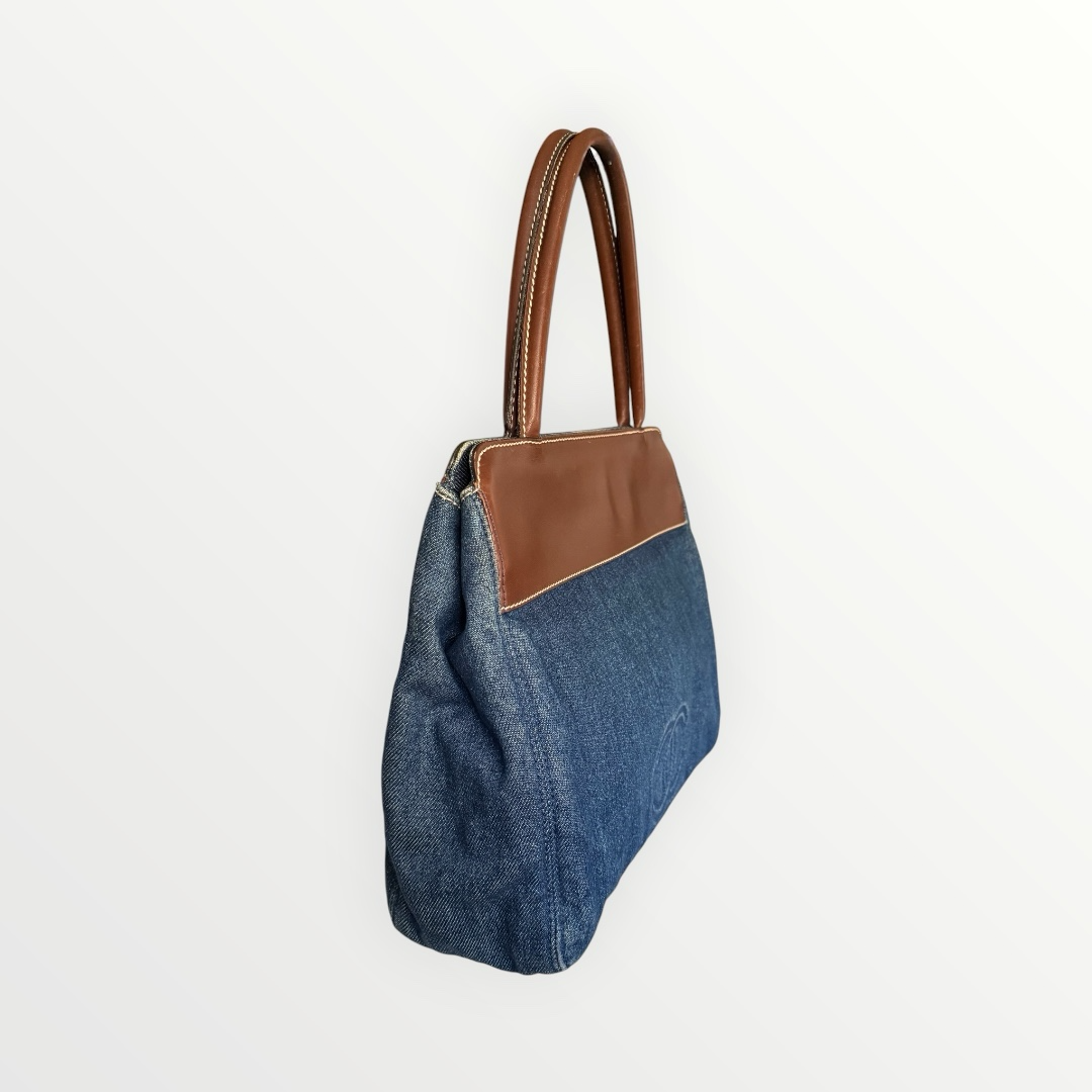 CHANEL CC LOGO DENIM & LEATHER TOTE BAG