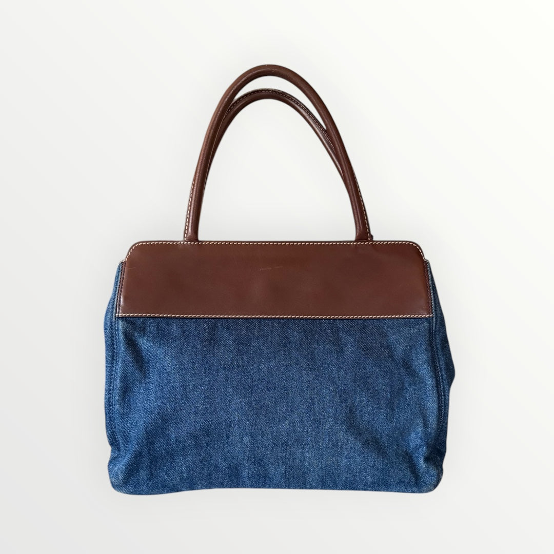 CHANEL CC LOGO DENIM & LEATHER TOTE BAG