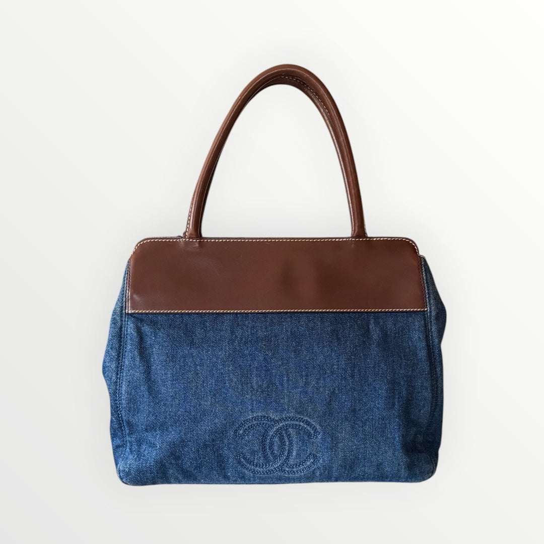 CHANEL CC LOGO DENIM & LEATHER TOTE BAG