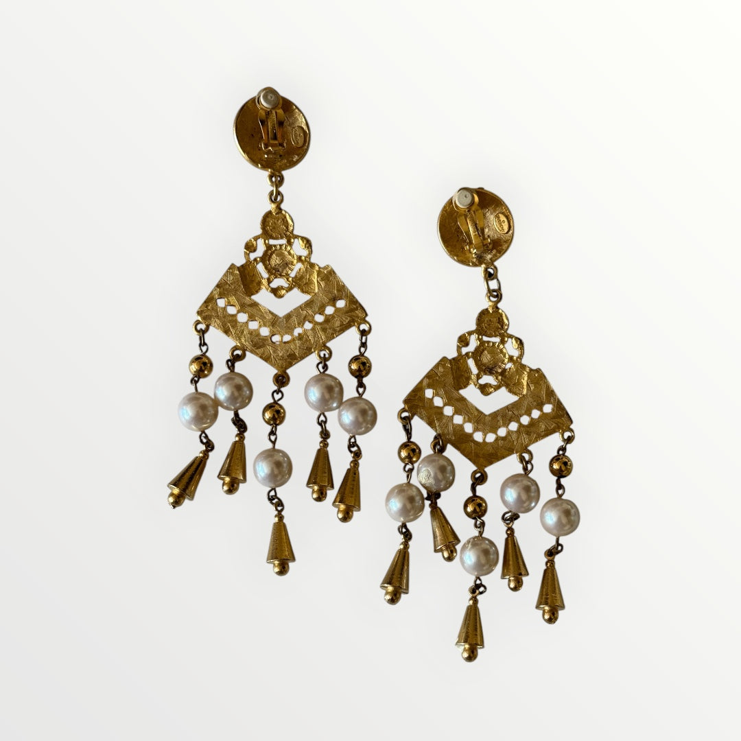 GIVENCHY GOLD-TONE FAUX PEARL CHANDELIER EARRINGS